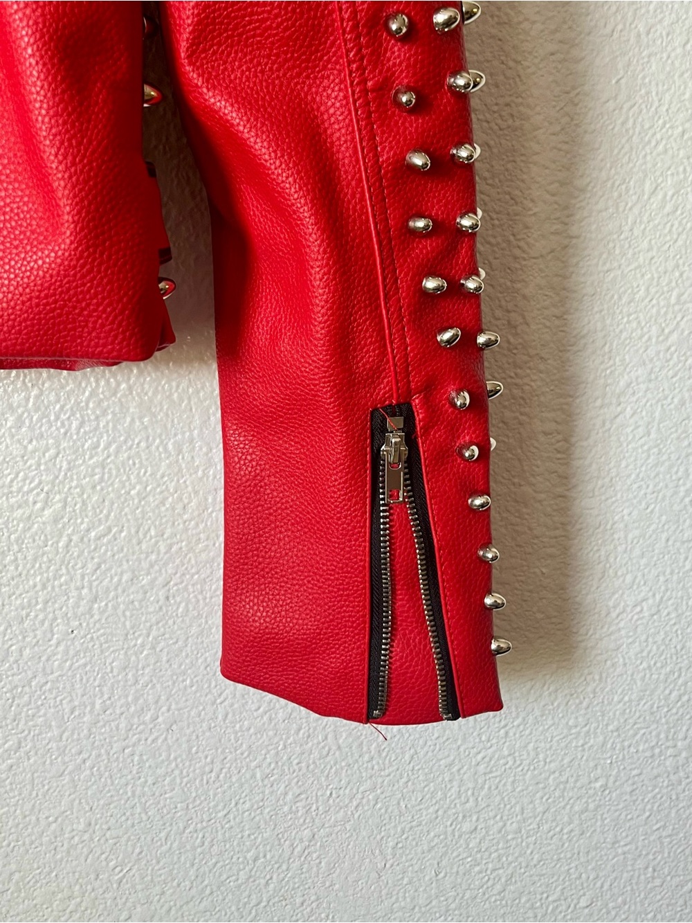 Studded Red Leather Biker Jacket with Belt - Women's Fashion - Picture 12 of 16